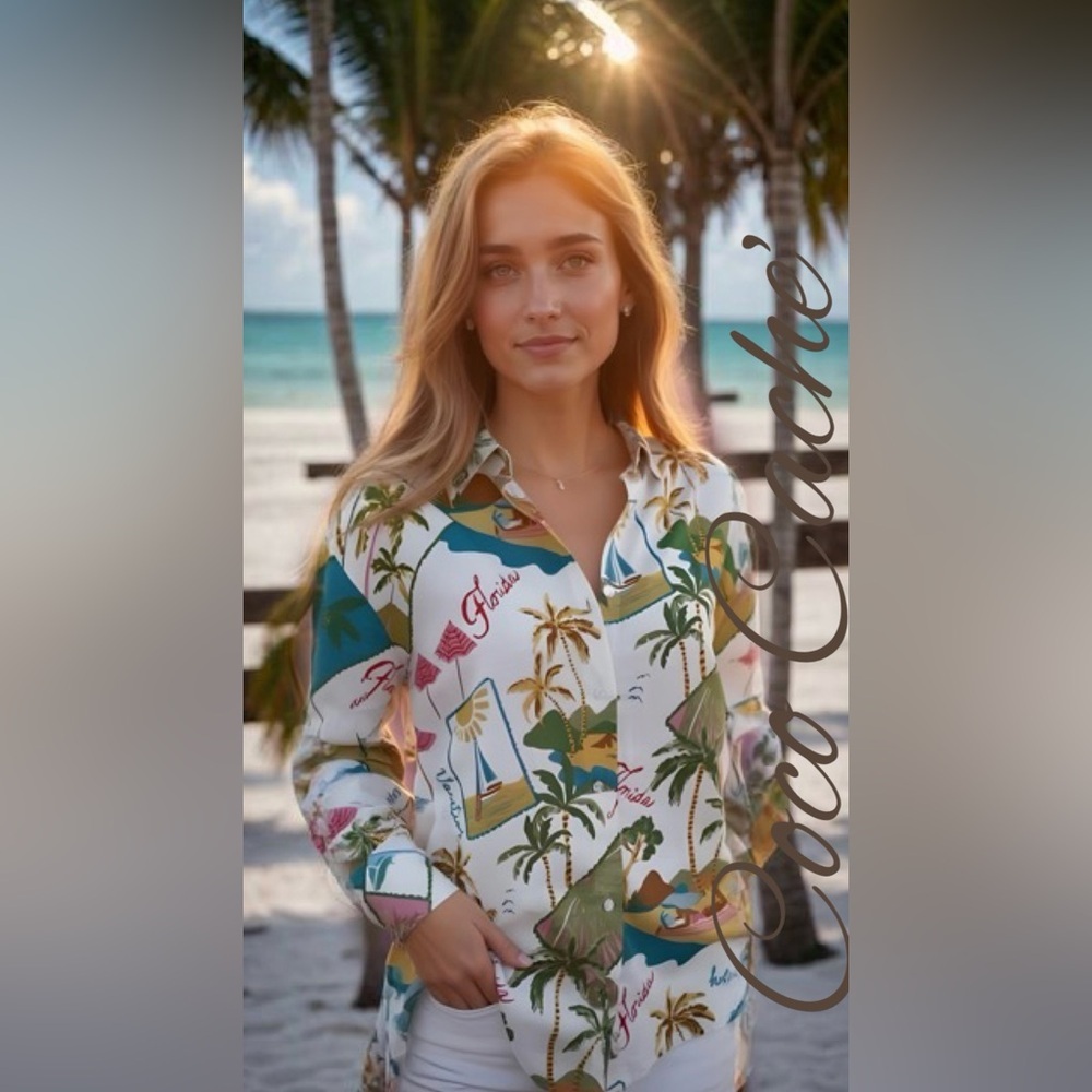 Tropical Print Vacation Long Sleeves Oversized Button-Up Shirt